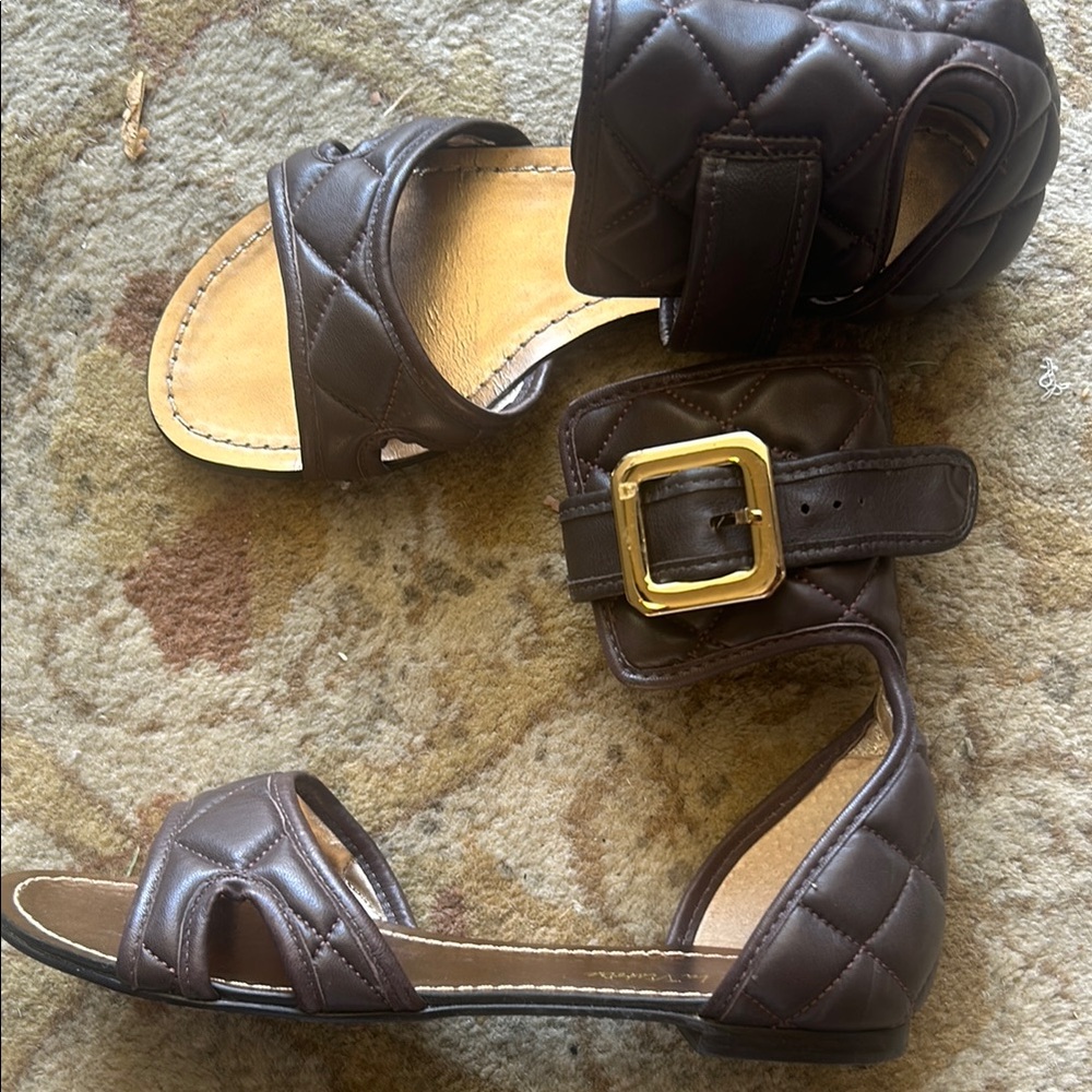 Brown Quilted Ankle-Strap Sandals with Gold Buckle